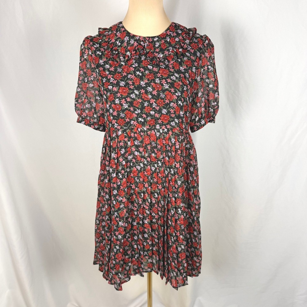 En Saison Red & Black Floral Ruffle Peter Pan Collar Babydoll Dress EUC Twee